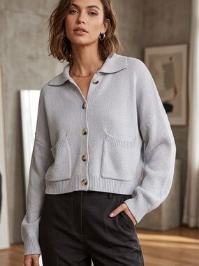 Nasty Gal Light Blue Collared Cropped Cardigan S NWOT